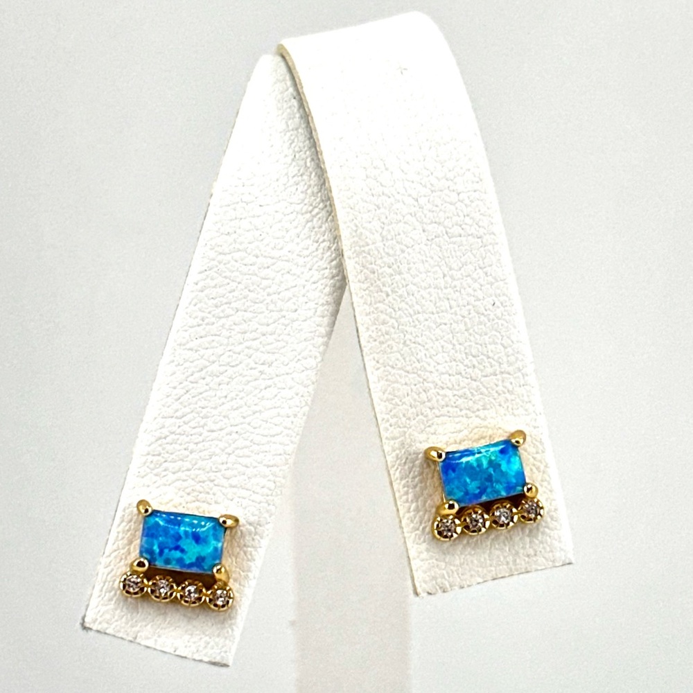 18K Gold Plated over 925 Solid Sterling Silver Blue Opal Stud Earrings